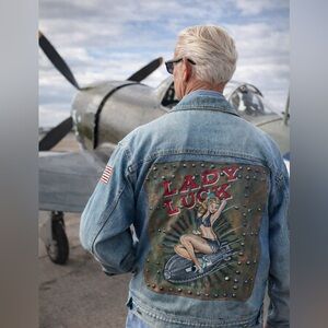 Handpainted retro pin up girl nose Art air force military denim jacket LG studs